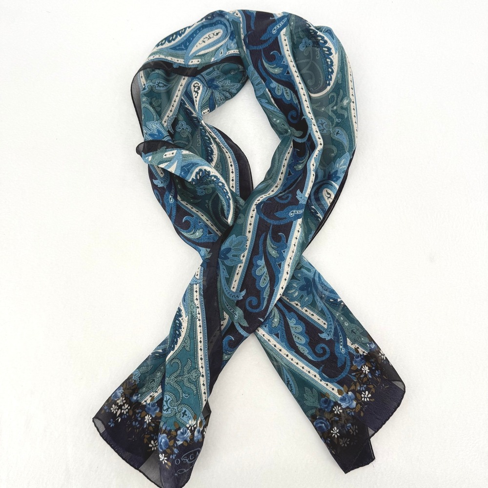 Oscar de la Renta Scarf Womens OS Blue Paisley Floral 100% Silk Oblong Accessory